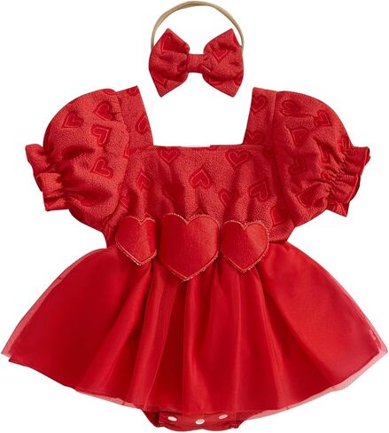 Baby Girl Valentines Day Outfit Bubble Short Sleeve Heart Mesh Tulle Tutu Romper Dress Wedding Photoshoot Clothes in Saudi Arabia