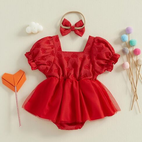 Baby Girl Valentines Day Outfit Bubble Short Sleeve Heart Mesh Tulle Tutu Romper Dress Wedding Photoshoot Clothes in Saudi Arabia