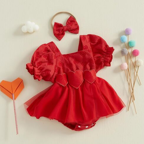 Baby Girl Valentines Day Outfit Bubble Short Sleeve Heart Mesh Tulle Tutu Romper Dress Wedding Photoshoot Clothes in Saudi Arabia