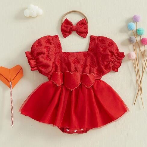 Baby Girl Valentines Day Outfit Bubble Short Sleeve Heart Mesh Tulle Tutu Romper Dress Wedding Photoshoot Clothes in Saudi Arabia