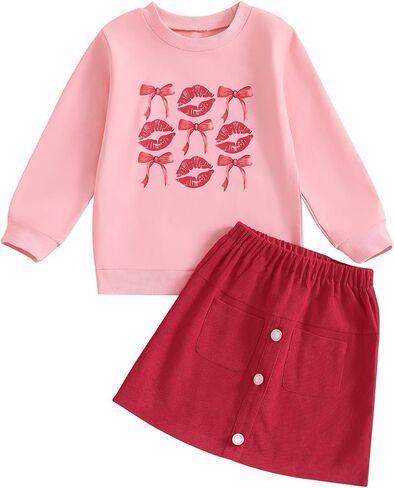 Toddler Girl Valentines Day Outfits Letter Heart Print T-Shirt A-Line Mini Skirts Dress Girls Valentine's Day Dresses in Kuwait