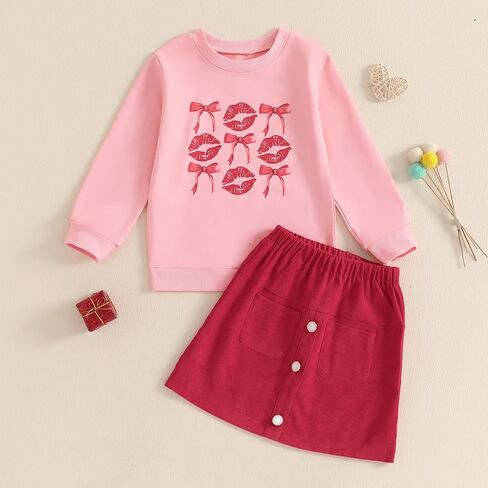 Toddler Girl Valentines Day Outfits Letter Heart Print T-Shirt A-Line Mini Skirts Dress Girls Valentine's Day Dresses in Kuwait
