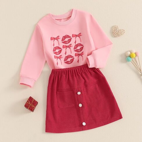 Toddler Girl Valentines Day Outfits Letter Heart Print T-Shirt A-Line Mini Skirts Dress Girls Valentine's Day Dresses in Kuwait