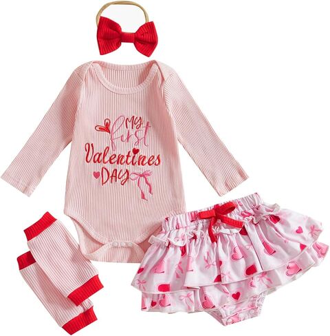 Karuedoo First Valentines Day Baby Girl Outfit Newborn Long Sleeve Romper + Tutu Skirt + Leg Warmer + Beadband 4pcs مجموعات in Kuwait