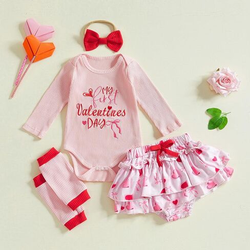 Karuedoo First Valentines Day Baby Girl Outfit Newborn Long Sleeve Romper + Tutu Skirt + Leg Warmer + Beadband 4pcs مجموعات in Kuwait
