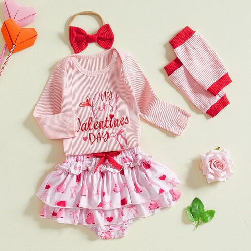 Karuedoo First Valentines Day Baby Girl Outfit Newborn Long Sleeve Romper + Tutu Skirt + Leg Warmer + Beadband 4pcs مجموعات in Kuwait