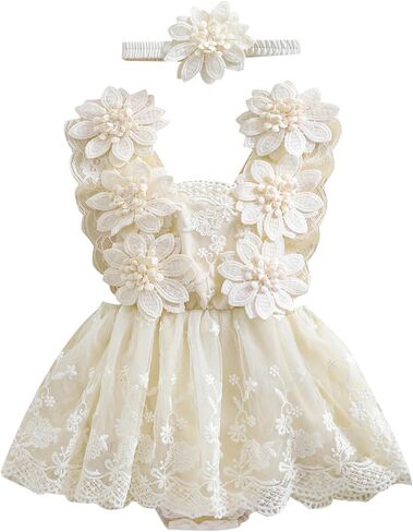 Newborn Baby Girl Romper Dress Lace Floral Sleeveless Tulle Dress with Headband Infant Summer Mesh Jumpsuits in Saudi Arabia