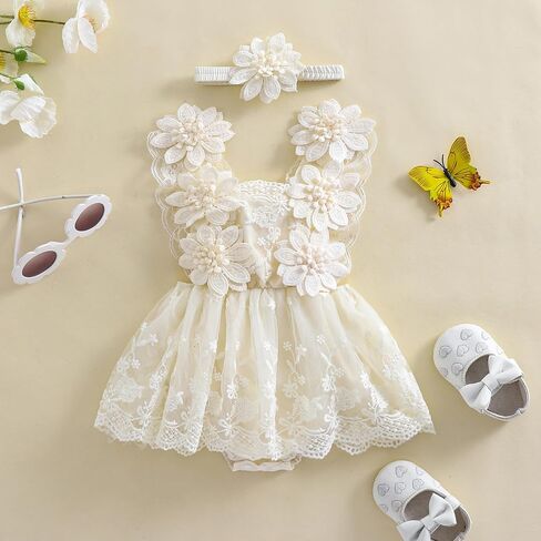 Newborn Baby Girl Romper Dress Lace Floral Sleeveless Tulle Dress with Headband Infant Summer Mesh Jumpsuits in Saudi Arabia
