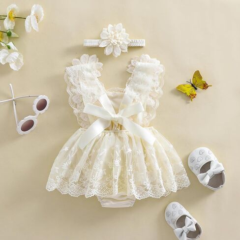 Newborn Baby Girl Romper Dress Lace Floral Sleeveless Tulle Dress with Headband Infant Summer Mesh Jumpsuits in Saudi Arabia
