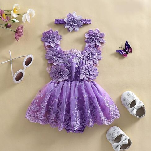 Newborn Baby Girl Romper Dress Lace Floral Sleeveless Tulle Dress with Headband Infant Summer Mesh Jumpsuits in Saudi Arabia