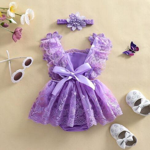 Newborn Baby Girl Romper Dress Lace Floral Sleeveless Tulle Dress with Headband Infant Summer Mesh Jumpsuits in Saudi Arabia