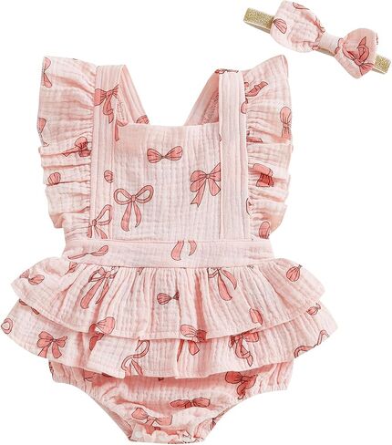 Baby Girls Flutter Sleeve Ruffles Layered Romper Dress Cute Patterns Printed Holiday Outfit with Headband in Saudi Arabia
