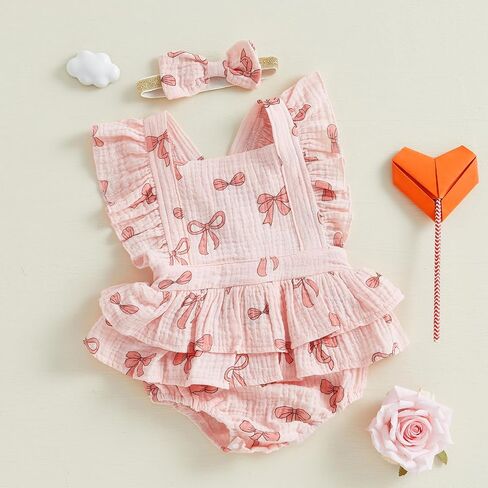 Baby Girls Flutter Sleeve Ruffles Layered Romper Dress Cute Patterns Printed Holiday Outfit with Headband in Saudi Arabia