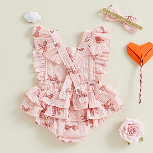 Baby Girls Flutter Sleeve Ruffles Layered Romper Dress Cute Patterns Printed Holiday Outfit with Headband in Saudi Arabia