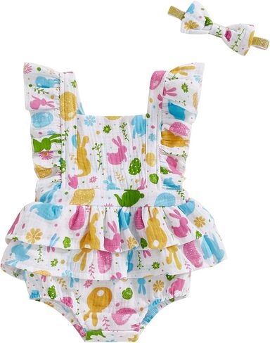 Baby Girls Flutter Sleeve Ruffles Layered Romper Dress Cute Patterns Printed Holiday Outfit with Headband in Saudi Arabia