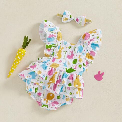 Baby Girls Flutter Sleeve Ruffles Layered Romper Dress Cute Patterns Printed Holiday Outfit with Headband in Saudi Arabia
