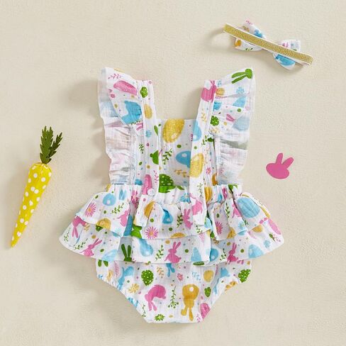 Baby Girls Flutter Sleeve Ruffles Layered Romper Dress Cute Patterns Printed Holiday Outfit with Headband in Saudi Arabia