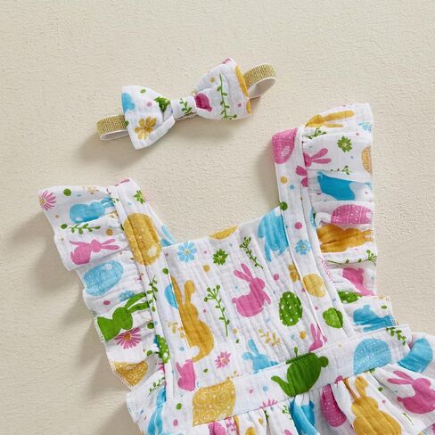 Baby Girls Flutter Sleeve Ruffles Layered Romper Dress Cute Patterns Printed Holiday Outfit with Headband in Saudi Arabia