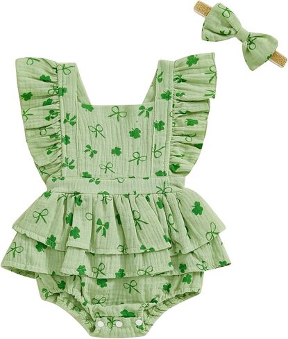 Baby Girls Flutter Sleeve Ruffles Layered Romper Dress Cute Patterns Printed Holiday Outfit with Headband in Saudi Arabia