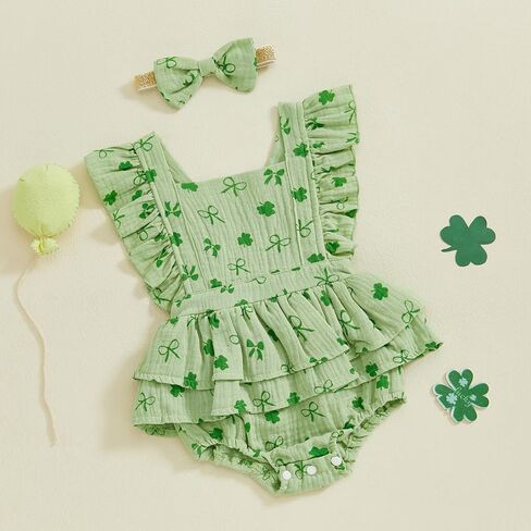 Baby Girls Flutter Sleeve Ruffles Layered Romper Dress Cute Patterns Printed Holiday Outfit with Headband in Saudi Arabia