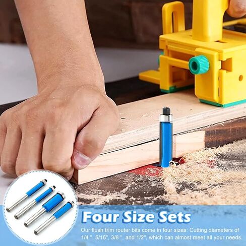 4pcs بت vlush trim trim ، 1/4 بوصة ساق أسفل الحامل محمولة القطع قطع قطعة التوجيه لتخليص الحفر الحافة الحافة الخشبية ، 1/4 "، 5/16" ، 3/8 "، 1/2" القطع قطرها in Kuwait