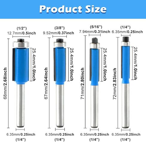 4pcs بت vlush trim trim ، 1/4 بوصة ساق أسفل الحامل محمولة القطع قطع قطعة التوجيه لتخليص الحفر الحافة الحافة الخشبية ، 1/4 "، 5/16" ، 3/8 "، 1/2" القطع قطرها in Kuwait