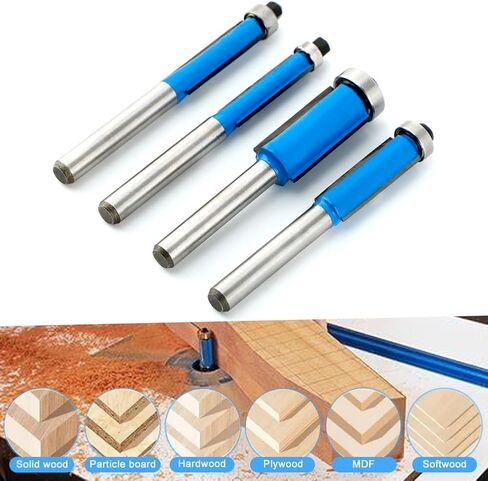 4pcs بت vlush trim trim ، 1/4 بوصة ساق أسفل الحامل محمولة القطع قطع قطعة التوجيه لتخليص الحفر الحافة الحافة الخشبية ، 1/4 "، 5/16" ، 3/8 "، 1/2" القطع قطرها in Kuwait