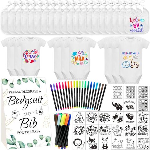 Bibs Bodysuits Baby Shower Game Sign Set Newborn Onesies Feeder Gift Fabric Marker Stencils Kit in Saudi Arabia