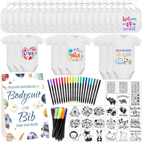 Bibs Bodysuits Baby Shower Game Sign Set Newborn Onesies Feeder Gift Fabric Marker Stencils Kit in Saudi Arabia