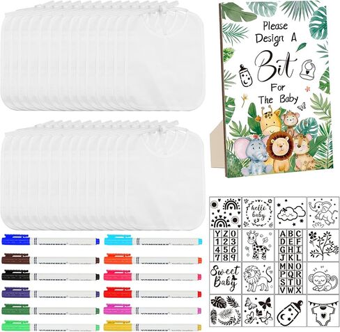 59pcs DIY Baby Bib Tructing مجموعة مجموعة 30 من أبيض التغذية المرسالين 16 Stencils 12 علامات النسيج الخشبية in Saudi Arabia