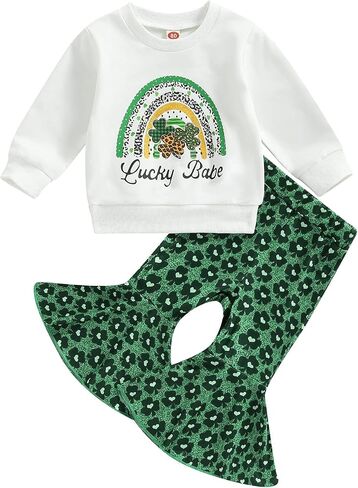 Toddler Baby Girl St Patricks Day Outfits Lucky Babe Long Sleeve Sweatshirt Green Flared Pants Set 2Pcs Clothes Set in Kuwait