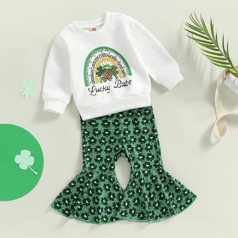 Toddler Baby Girl St Patricks Day Outfits Lucky Babe Long Sleeve Sweatshirt Green Flared Pants Set 2Pcs Clothes Set in Kuwait