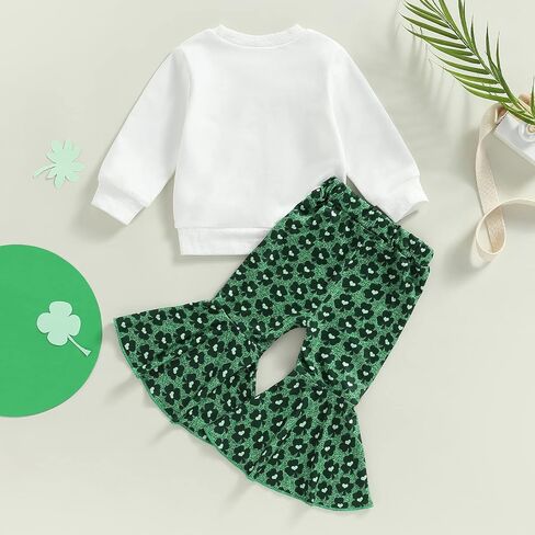 Toddler Baby Girl St Patricks Day Outfits Lucky Babe Long Sleeve Sweatshirt Green Flared Pants Set 2Pcs Clothes Set in Kuwait