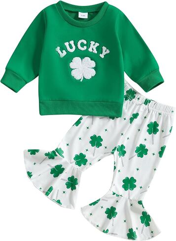 Toddler Baby Girl St Patricks Day Outfits Lucky Babe Long Sleeve Sweatshirt Green Flared Pants Set 2Pcs Clothes Set in Kuwait