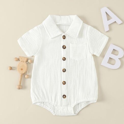 Baby Girl Boy Button Down Shirt Newborn Solid Color Short Sleeve Collared Romper Infant Summer Formal Bodysuit in Kuwait