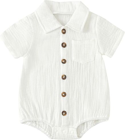 Baby Girl Boy Button Down Shirt Newborn Solid Color Short Sleeve Collared Romper Infant Summer Formal Bodysuit in Kuwait