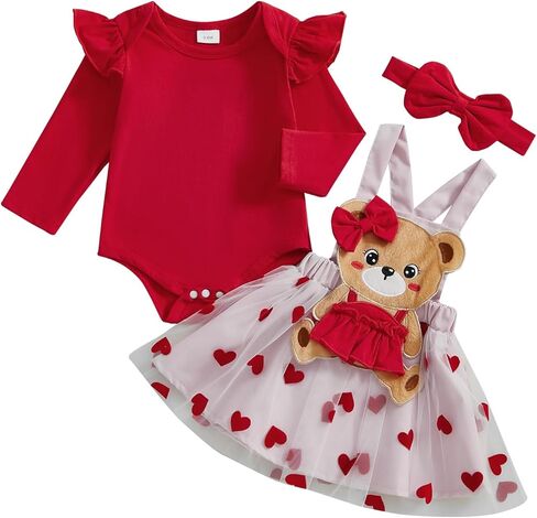 Adobabirl Baby Girl Valentines Day Asfit Long Sleeve Romper Love Heart Tulle Tulle Skirt Valentines Day Dyr in Kuwait