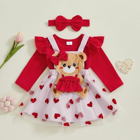 Adobabirl Baby Girl Valentines Day Asfit Long Sleeve Romper Love Heart Tulle Tulle Skirt Valentines Day Dyr in Kuwait