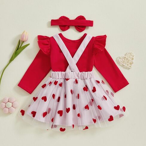 Adobabirl Baby Girl Valentines Day Asfit Long Sleeve Romper Love Heart Tulle Tulle Skirt Valentines Day Dyr in Kuwait