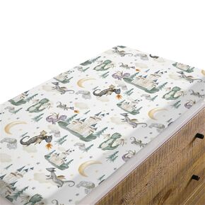 Baby Boy Girl Changing Pad Covers Dragon Tale Castle, Watercolor Green Moon Clouds Stars Tree Safe Snug Fitted Diaper Table Sheet, Soft Breathable Stretchy Change Mat Fit 32 34 x 16