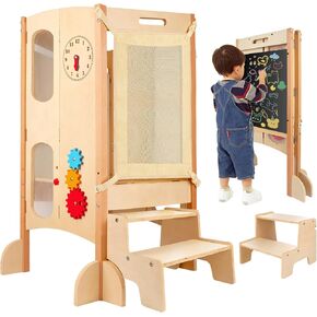 Toddler Tower for Kids Kitchen Foldable: Wooden Step Stool Adjustable with 2 Steps Helper - Montessori Learning Tower with Chalkboard Activity Games