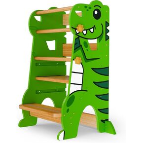 Toddler Tower Adjustable Trex Dino Toddler Step Stool- Safe Standing Toddler Kitchen Tower Helper for Learning- Original Patented Design with CPC for Kids - Perfect for The Kitchen & Bathroom - Green
