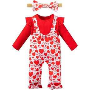 PROMOTED TO BIG SISTER Baby Girl Valentines Day Outfit Ruffle Long Sleeve Romper Red Heart Print Jumpsuit with Headband