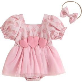 Newborn Baby Girl Valentines Day Outfit Heart Romper Dress Puff Short Sleeve Princess Bodysuit Jumpsuit Headband