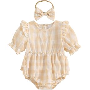 Infant Baby Girl Summer Outfit Plaid Romper Boho Short Sleeve Ruffle Bodysuit with Headband Clothes