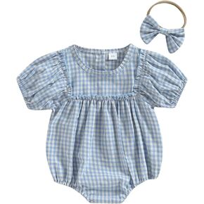 Infant Baby Girl Summer Outfit Plaid Romper Boho Short Sleeve Ruffle Bodysuit with Headband Clothes in Kuwait