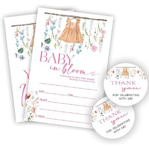 Baby In Bloom! Baby Shower Invitations, 20 Fill In Watercolor Floral And Baby Girl Clothes Invites With Envelopes And Stickers For Girl, Gender Reveal Games, Party Favors And Supplies - A08