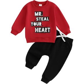 Toddler Baby Boy Valentines Day Outfits Letter Print Sweatshirt + Pants Valentine's Day Spring Fall Winter Clothes