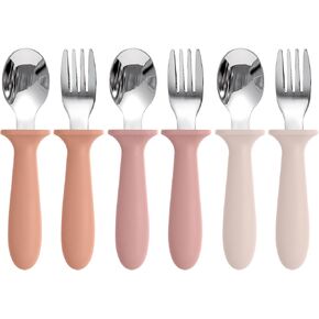 Toddler Spoons and Forks Set, 6 Pack Kids Silverware with Silicone Handle, BPA Free, 18/8 Stainless Steel Children Safe Toddler Utensils, Dishwasher Safe