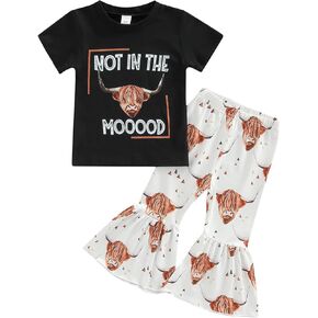 2Pcs Toddler Baby Girl Clothes Letter Print Short Sleeve T-Shirt Top Bell-Bottom Pants Western Cowgirl Outfit Set